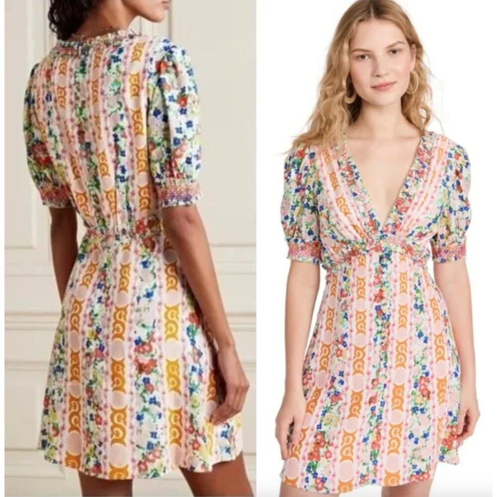 Saloni | Lea Smocked Floral-print Ecovero-blend Crepe Mini Dress | Sz 0
